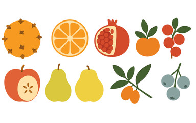 Colorful arrangement of various fruits including apples, oranges, pears, and berries displayed in a vibrant design