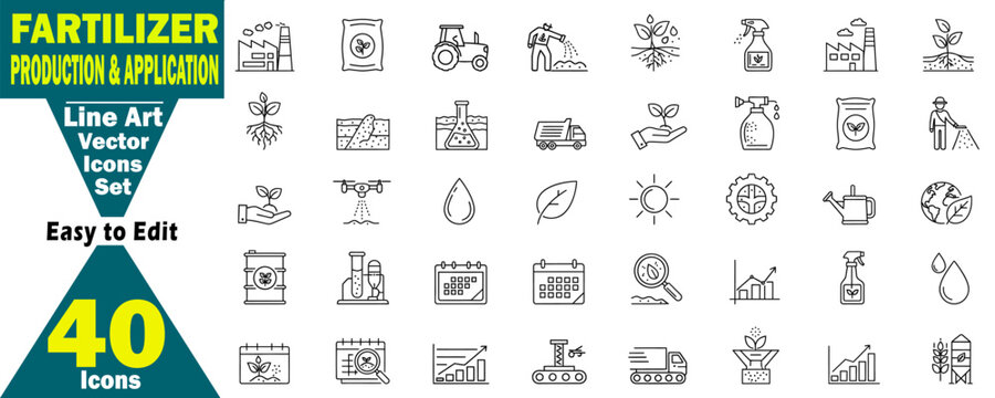 Line Icons Set of Fertilizer Production and Application: Editable Vector Art for Agriculture, Farming, Soil Science, and Sustainable Practices illustration. 