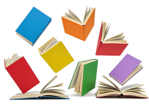Colorful books floating on a white background creating a cheerful and bright representation of the importance of reading and knowledge acquisition.
