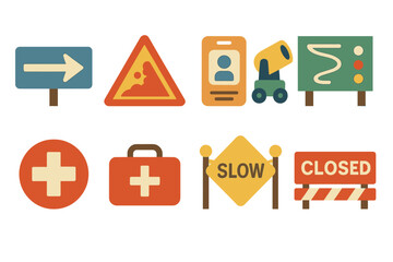 Road signs and symbols indicating various messages and instructions for drivers and pedestrians in a visually appealing style