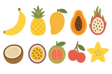 Colorful assortment of tropical fruits arranged in a playful design on a white background