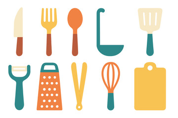 Kitchen utensils collection in various colors and shapes displayed on a clean background