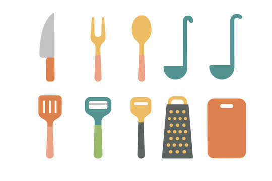 Colorful kitchen utensils set displayed on a clean white background with various tools for cooking and food preparation arrangement