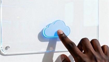 Cloud Storage Technology: A fingertip makes a virtual connection with a luminescent cloud, indicating access to digital storage and the potential for a world of data and innovation.