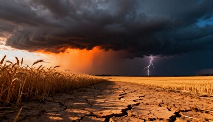 Dramatic Storm Over Field: The sky roils with dark clouds and flashes of lightning, illuminating a field with the setting sun, presenting a scene of raw power and the dramatic transition of weather.