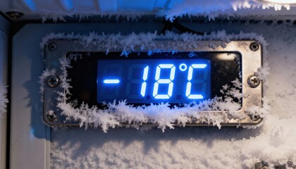 Freezing Point Display: A digital display reads -18°C, covered in icy frost, vividly illustrating the freezing temperature.