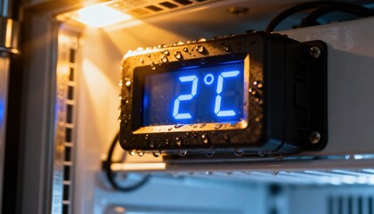 Cool Precision: An eye-level shot captures a digital display of temperature reading '2°C' inside of a refrigerated cabinet or cooler.