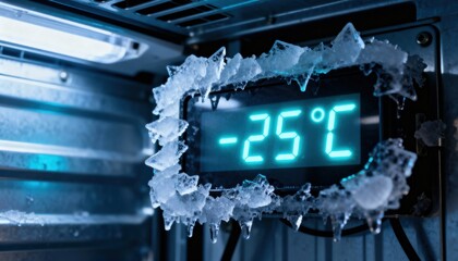 Cold Precision: A digital thermometer registers a frigid -25°C, encased in crystalline ice within the cool interior of a refrigerator or freezer. Emphasizing the science of cold and preservation
