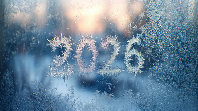 Szron z napisem 2026 na szybie