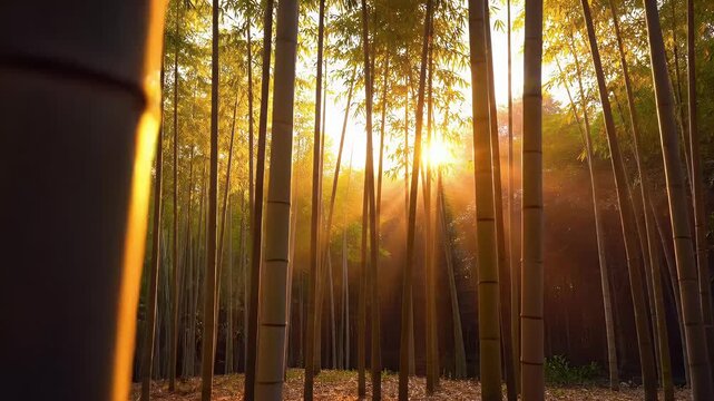 Serene Bamboo Forest Illuminated by Golden Sunrise Rays