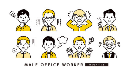 ネガティブな表情・ポーズのビジネスマン・男性社員のアバターアイコンイラスト素材セット