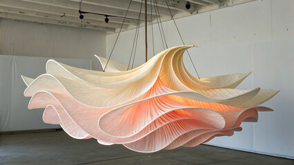 Modern flowing sculpture chandelier with soft pastel colors and warm light
