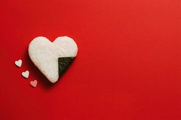Obraz premium White heart-shaped onigiri with its lower right corner partially wrapped in dark nori seaweed. three small heart. Asian food delivery and sushi for valentine's day. red background with space for text 