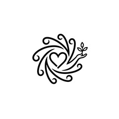 Abstract line art design with heart and hand holding a plant  