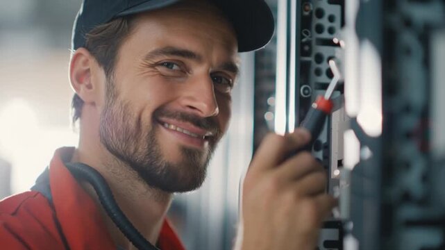 Confident Technician at Work: A skilled technician, radiating competence and a friendly demeanor, meticulously works on a server rack.