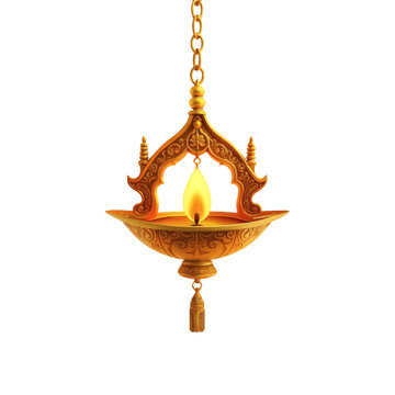 Golden hanging lantern with burning flame on transparent background