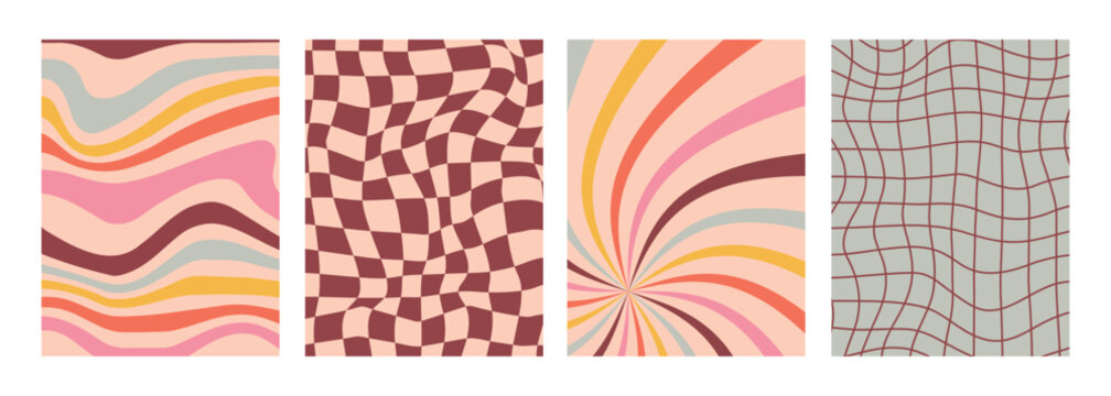 Collection of four groovy abstract backgrounds featuring wavy lines, warped grids, distorted checkerboards, and swirl patterns in muted retro colors