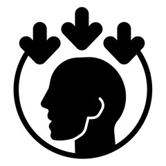 Arrows above man head solid icon, data hoarding concept. Vector graphics. Human head and information flow income sign on white background, style icon mobile or web design.