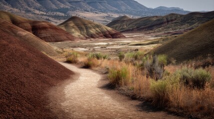 colorful layered desert hills walking path