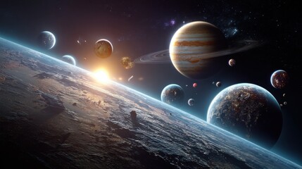 Diverse planets glowing in dark cosmos