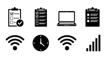 A collection of black and white icons featuring tasks, a laptop, wifi signals, and a clock image
