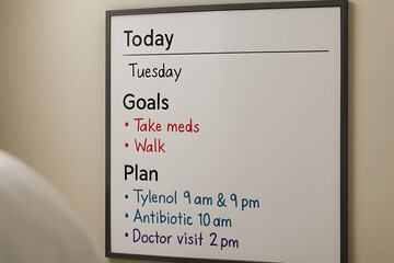 A hospital room whiteboard showing a daily care plan with medication times, doctor visit, and recovery goals written in color.