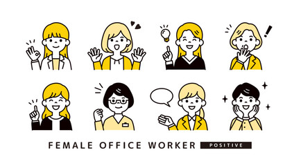 ポジティブな表情・ポーズの、ビジネスウーマン・女性社員のアバターアイコンイラスト素材セット
