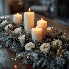 Elegant Holiday Centerpiece with Candles and Frosted Greens