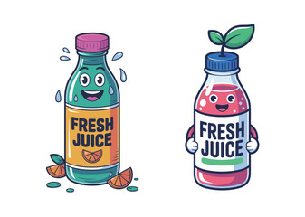 Happy cartoon juice bottles offering a refreshing taste and vibrant energy for your next healthy living project