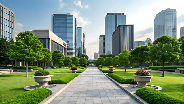 Modern city park pathway lined with trees and modern skyscrapers