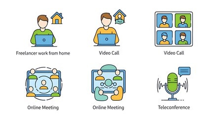 Illustrations depicting remote work video calls and online meetings with various communication methods