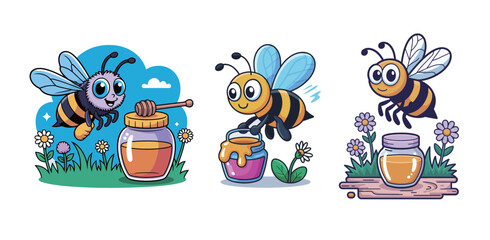 Charming cartoon bees enthusiastically collecting sweet golden honey from jars amidst colorful flowers and lush green grass