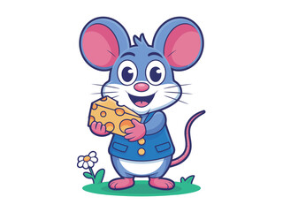 Adorable cartoon mouse joyfully holding a delicious cheese wedge, perfect for playful designs and cheerful content