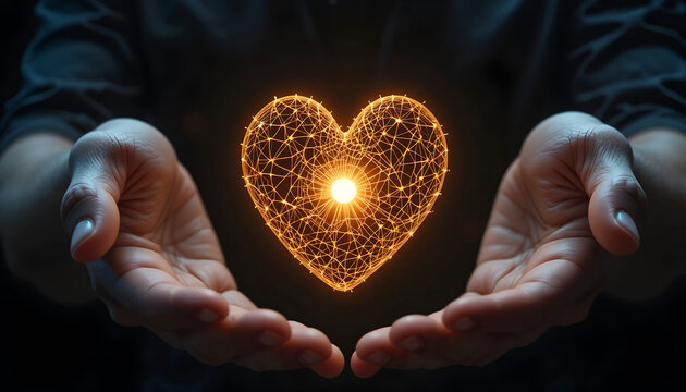 A pair of hands holding a glowing, abstract orange mesh heart formed by digital connections and a bright central light on a dark, mysterious background, ideal for technology, healthcare, 