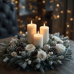 Elegant Winter Candle Centerpiece with Frosted Pine and Roses