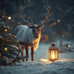 Majestic Reindeer in Snowy Forest with Lantern Glow and Snowfall