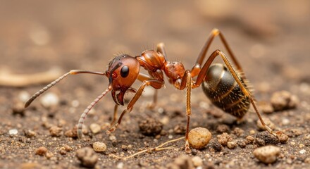A large red ant with prominent antennae walks on the dirt.