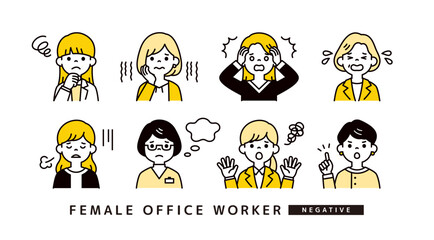 ネガティブな表情・ポーズのビジネスウーマン・女性社員のアバターアイコンイラスト素材セット
