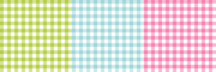 Seamless gingham and plaid pattern in soft pink, green and blue watercolor tones.