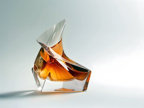 Modern abstract glass sculpture with amber and clear curved sections on a white background. Perfect for art, design, and interior decor concepts