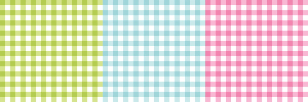Seamless gingham and plaid pattern in soft pink, green and blue watercolor tones.