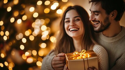 Man and woman exchanging gifts near Christmas tree, cozy festive atmosphere. - Powered by Adobe
