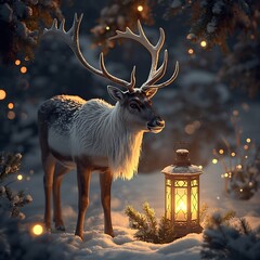 Reindeer in Snowy Forest with Lantern Glow at Night