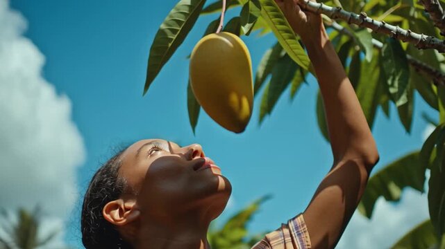 Harvesting the Golden Fruit: A person reaches up to pluck a ripe mango from the tree, the tropical sun casting a warm glow. 