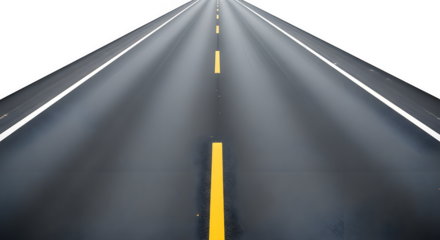 An empty highway stretches into the darkness with yellow and white lane markers