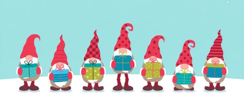 cute dwarfs holding gifts on snowy winter background christmas greetings illustrated animation