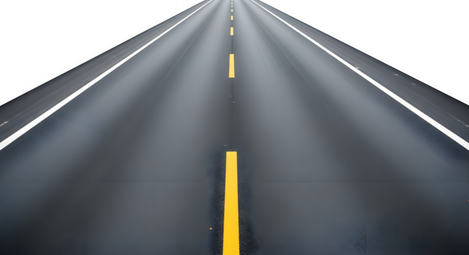 An empty highway stretches into the darkness with yellow and white lane markers