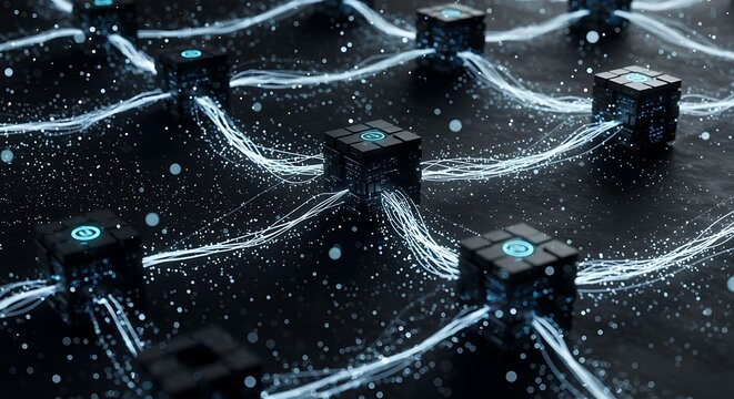 Abstract blockchain network with glowing nodes and data streams