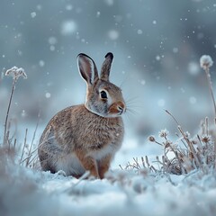 Rabbit in Frosty Field with Snow-Dusted Grasses