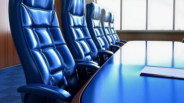 Blue conference table leather chair boardroom meeting corporate business office leadership strategy empty agenda document folder window sunlight